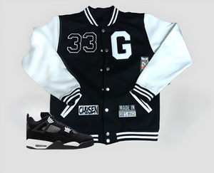 "G" 33 Supreme Black Varsity Letterman Jacket /White Sleeves