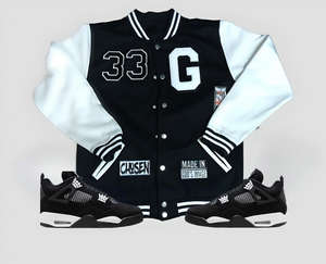 "G" 33 Supreme Black Varsity Letterman Jacket /White Sleeves