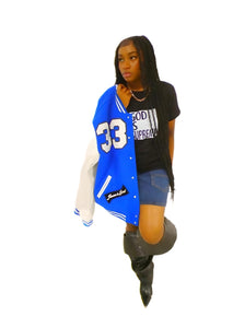 "G" Supreme/  God is Supreme Royal Blue Varsity Letterman Jacket/ White Leather Sleeves