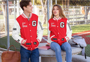 God is Supreme Red Varsity Letterman Jacket White Sleeves