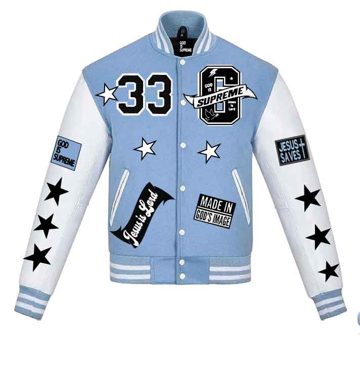 "G" Supreme/  Christian Jacket Legend Baby Blue Varsity Letterman Jacket/ White Leather Sleeves