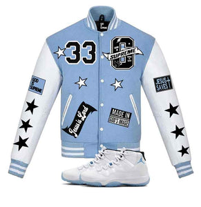 "G" Supreme/  Christian Jacket Legend Baby Blue Varsity Letterman Jacket/ White Leather Sleeves