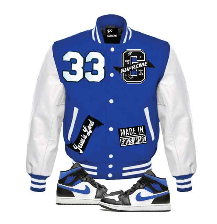 "G" Supreme/  Christian Jacket Royal Blue Varsity Letterman Jacket/ White Leather Sleeves