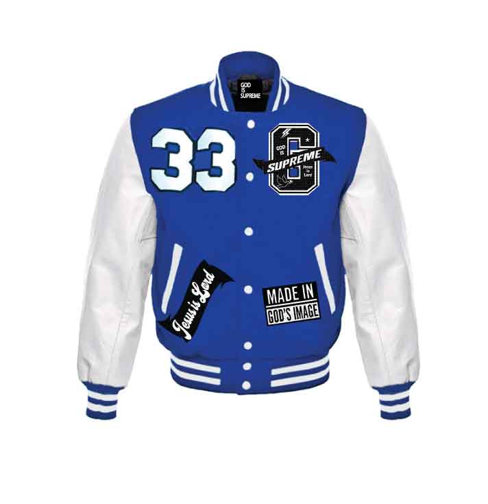 "G" Supreme/  Christian Jacket Royal Blue Varsity Letterman Jacket/ White Leather Sleeves