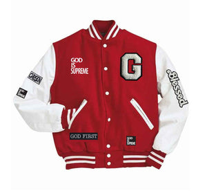 God is Supreme Red Varsity Letterman Jacket White Sleeves – God Is