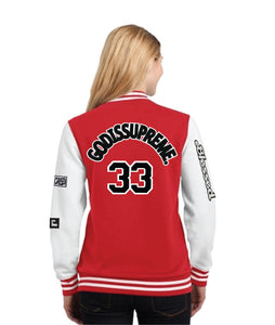 God is Supreme Red Varsity Letterman Jacket White Sleeves