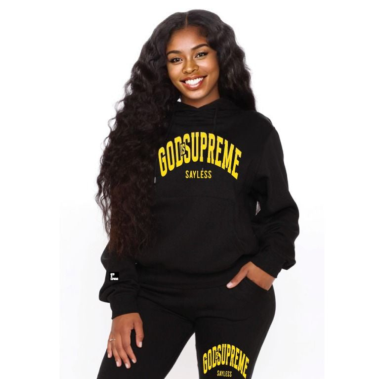 God is Supreme Sayless /Yellow and Black Christian Hoodie Joggers Sets