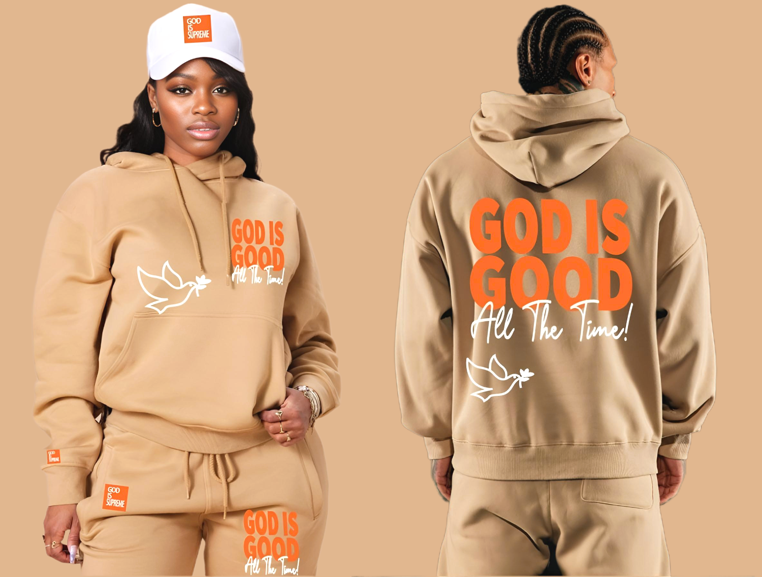 God is Good / Orange Design/ Sand Cream Hoodie