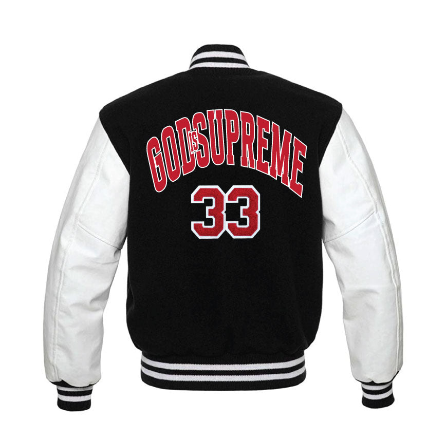 God is Supreme Black Varsity Letterman Jackets White Sleeves