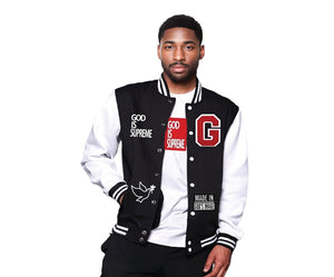 God is Supreme Black Varsity Letterman Jackets White Sleeves