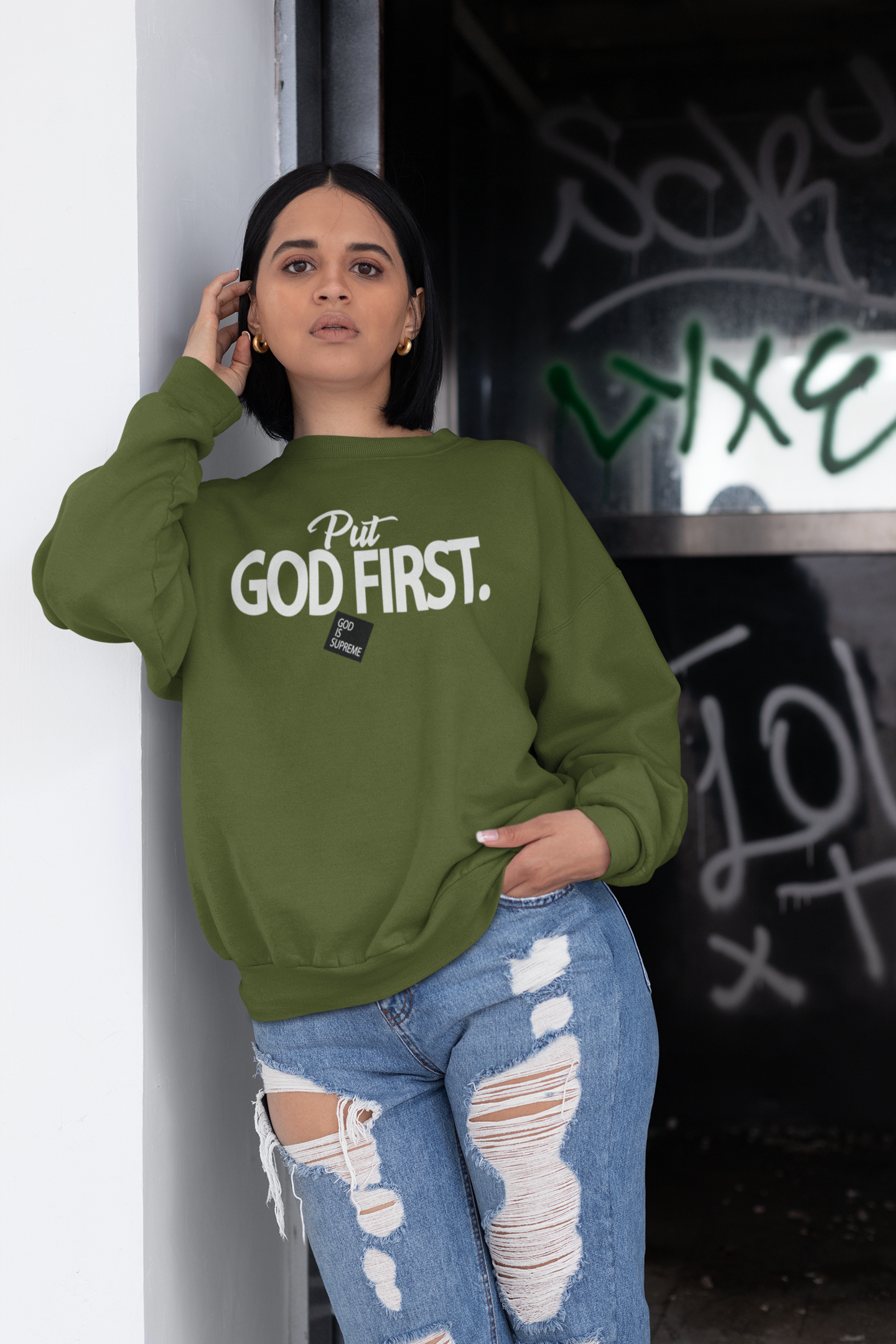 Put God First| Christian Green Sweatshirt