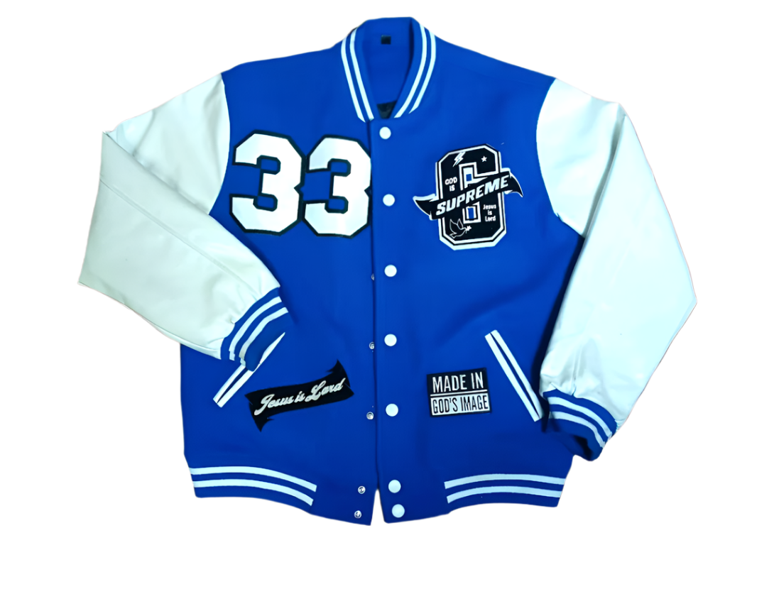 "G" Supreme/  God is Supreme Royal Blue Varsity Letterman Jacket/ White Leather Sleeves