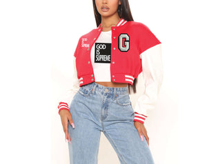 God is Supreme Women's Red Varsity Jacket Lightweight Crop Bomber Jacket