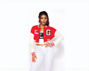 God is Supreme Women's Red Varsity Jacket Lightweight Crop Bomber Jacket