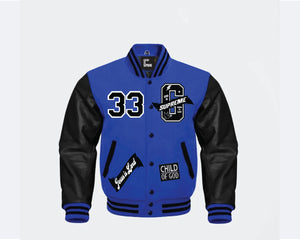 "G" Supreme/ Christian Jacket  God is Supreme Royal Blue Varsity Letterman Jacket/ Black Leather Sleeves