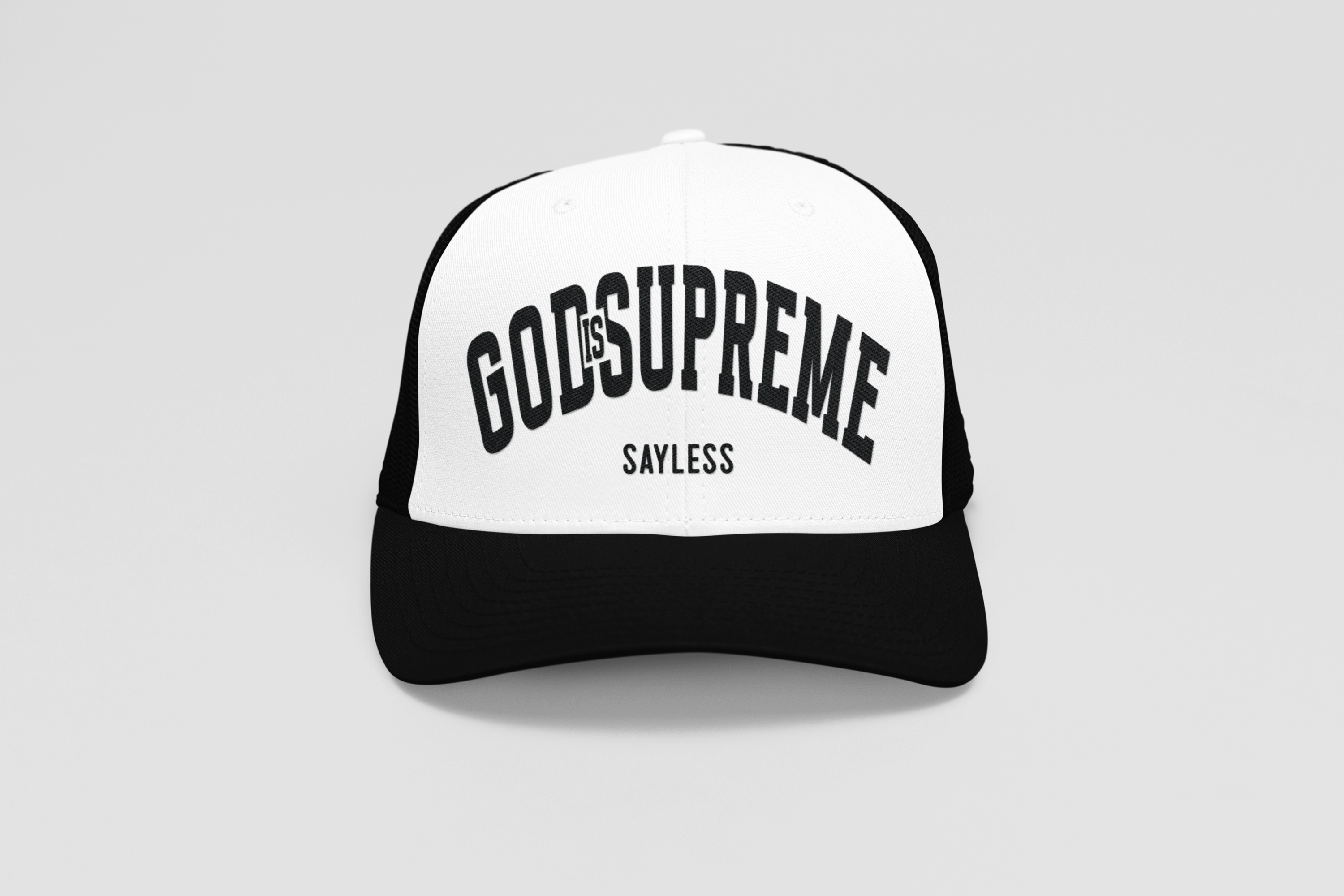 God is Supreme Sayless White and Black (Trucker Hat)