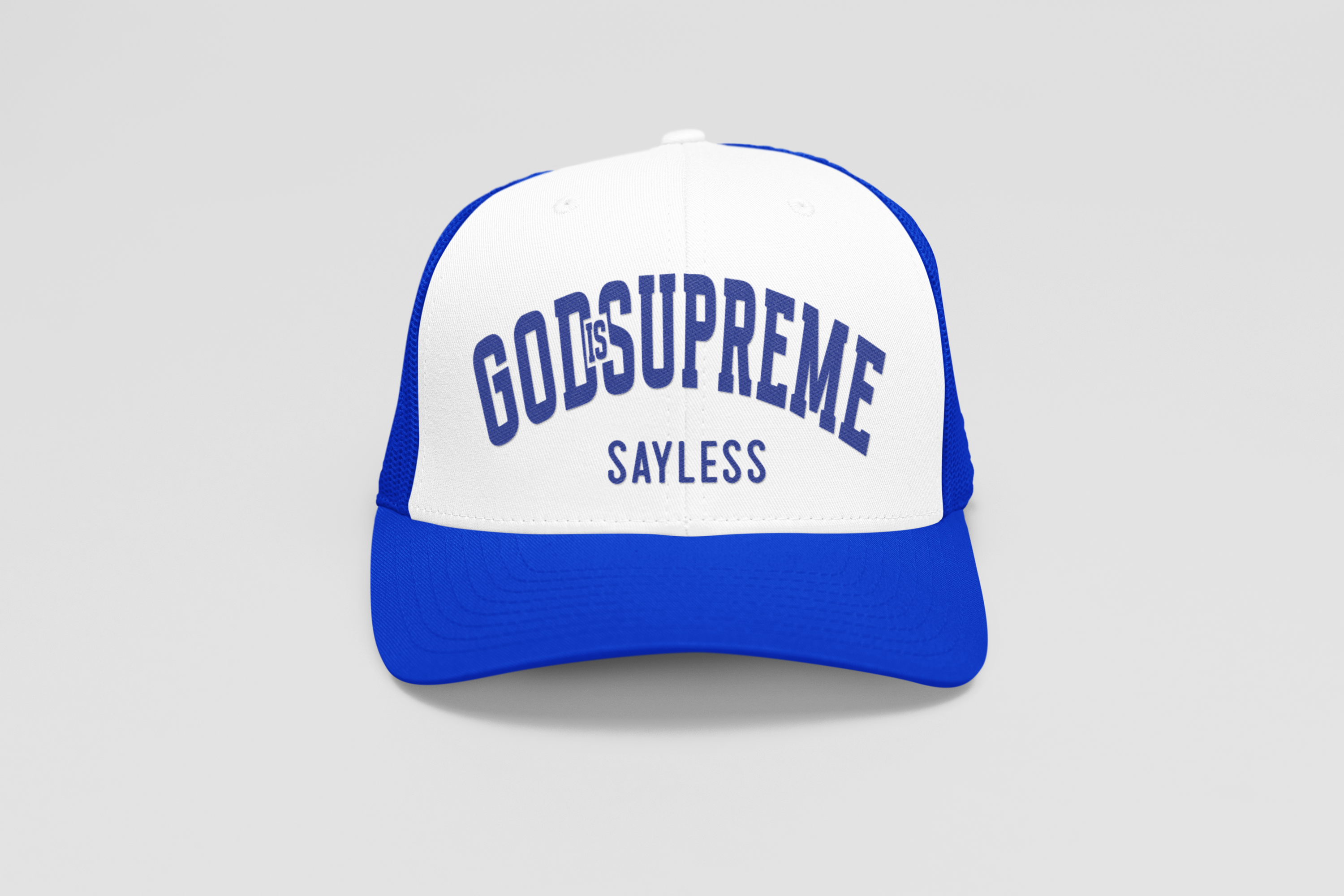 God is Supreme Sayless White and Blue (Trucker Hat)