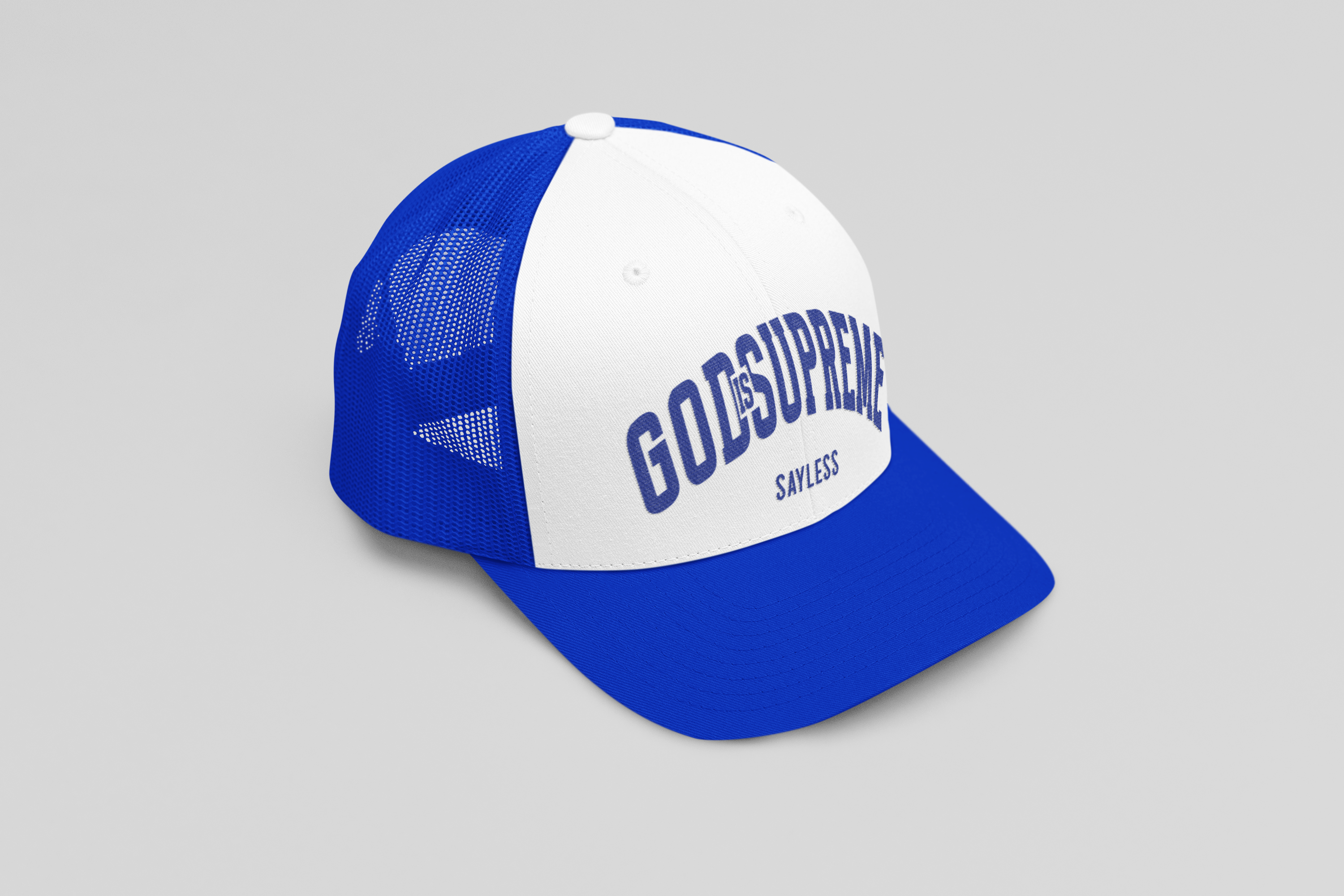 God is Supreme Sayless White and Blue (Trucker Hat)