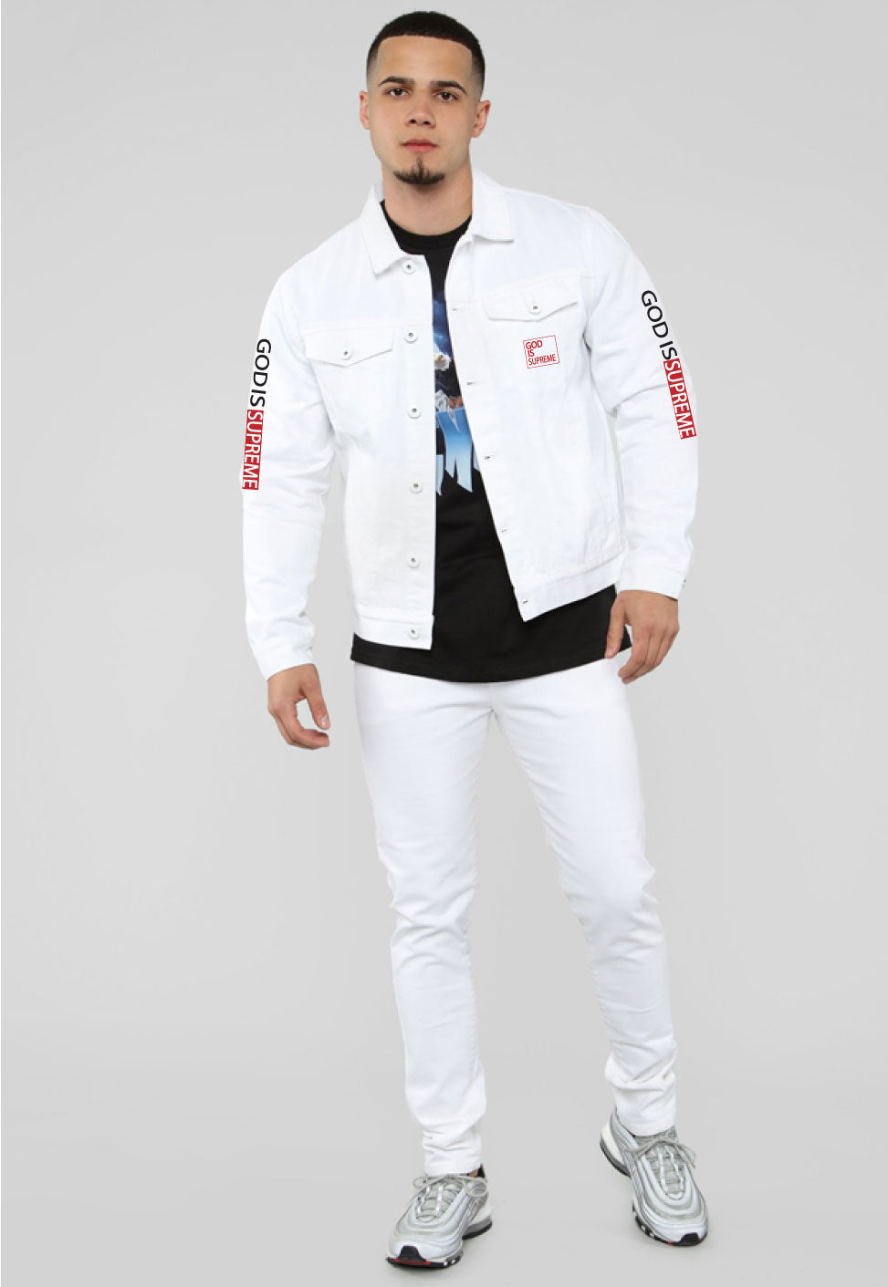 Dima wearing Louis Vuitton x Supreme denim jacket, white tshirt on News  Photo - Getty Images