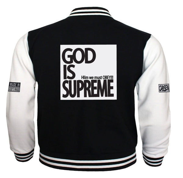God is Supreme Red Varsity Letterman Jacket White Sleeves